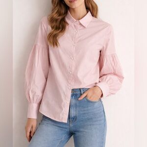 Pink Button Front Blouse Shirt Large Puff Sleeve Collared GUC